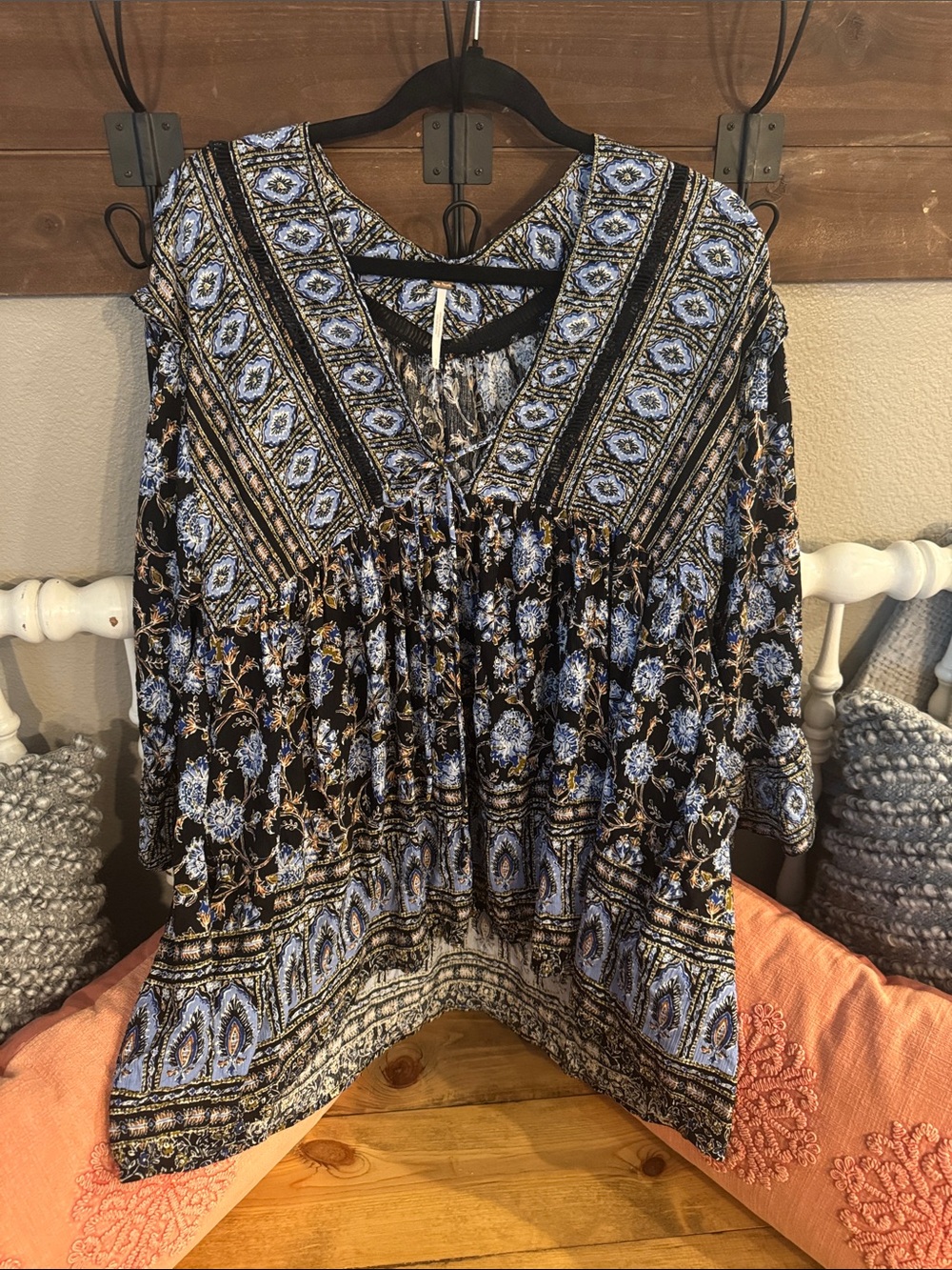 Free People Boho Floral V-Neck Tunic - Blue, Black, Tan